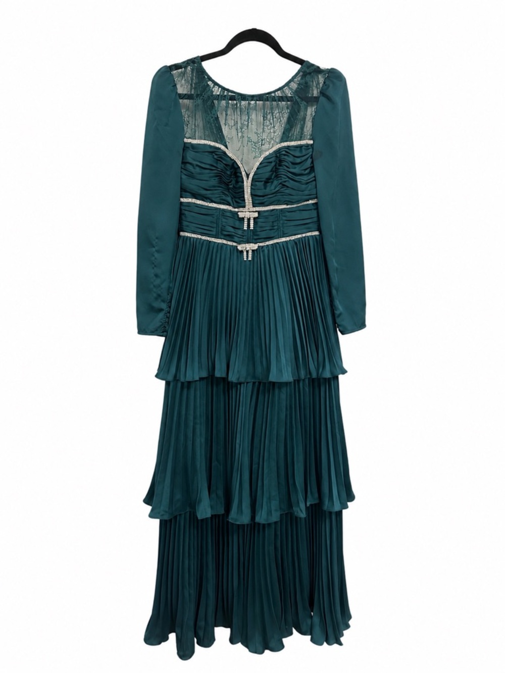 Self-Portrait Emerald Green Long-Sleeve Tiered Pleated Maxi Dress